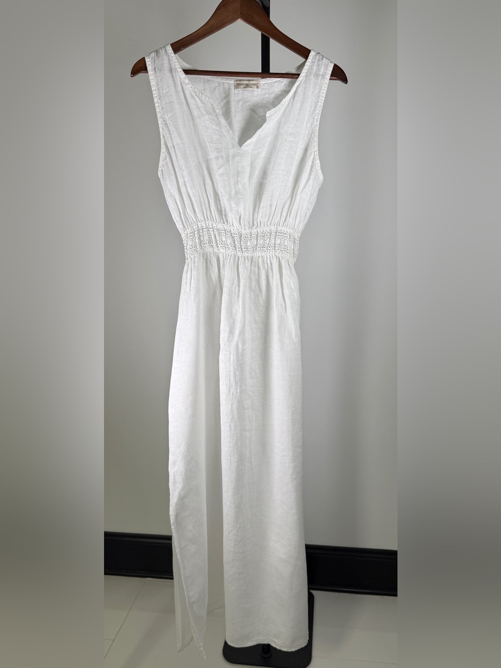 Terzo Millennio White 100% Linen Smocked Maxi Dress Cover Up Made in Italy | M